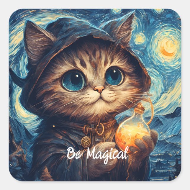 Eine magische Katze von Van Gogh Quadratischer Aufkleber (Vorderseite)
