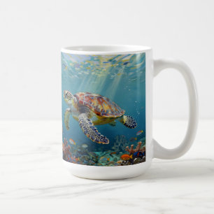 Eine Meeresschildkröte und Sonnenstrahlen im blaue Kaffeetasse