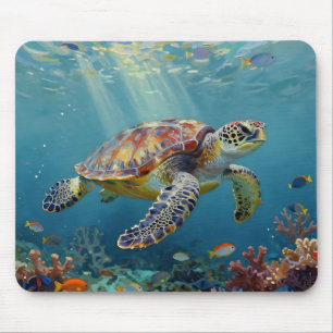 Eine Meeresschildkröte und Sonnenstrahlen im blaue Mousepad