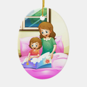 Eine Mutterlesung mit ihrer Tochter Keramik Ornament