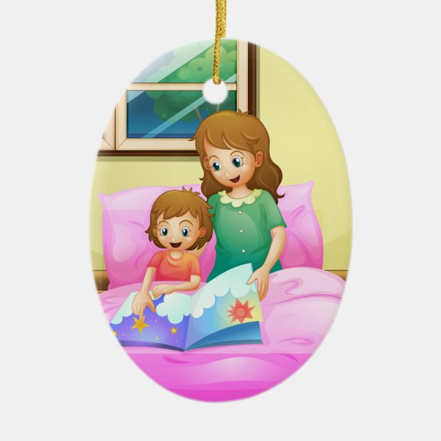 Eine Mutterlesung mit ihrer Tochter Keramik Ornament (Vorne)
