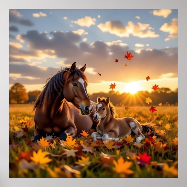 Eine Mutterstute und ihr Fohlen im Herbst Poster (Vorne)