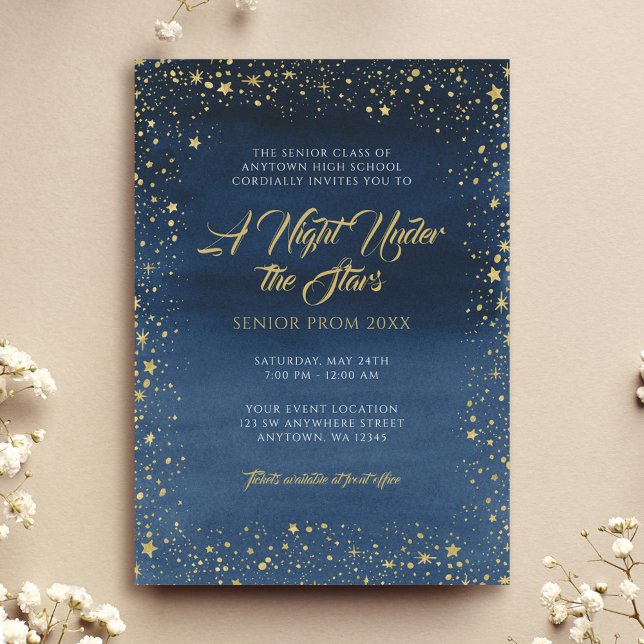 Eine Nacht unter den Sternen Gold Navy Blue Prom Einladung (Von Creator hochgeladen)