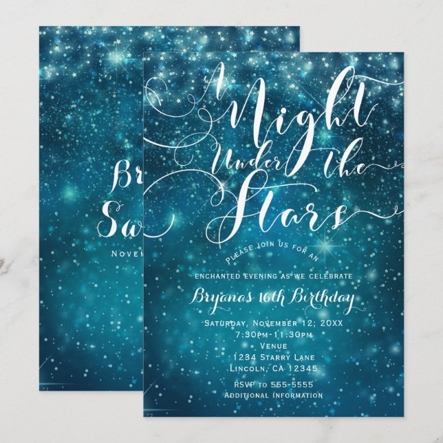 EINE NACHT UNTER DEN STERNEN Starry Light Blue Sky Einladung (Vorne/Hinten)
