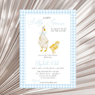 Eine neue Alberne Gänse Blue Gingham Baby Dusche Einladung