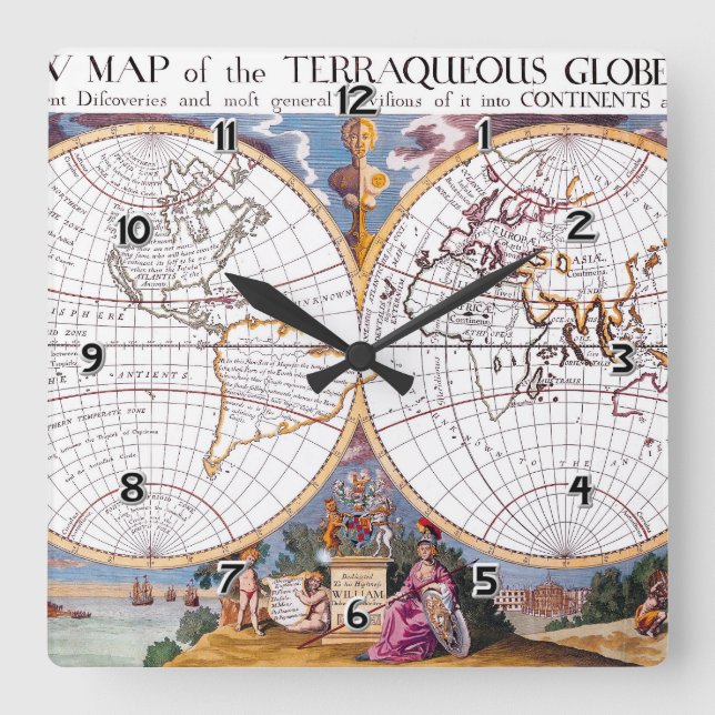 Eine neue Karte der grässlichen Globe-Uhr Quadratische Wanduhr (Vorderseite)