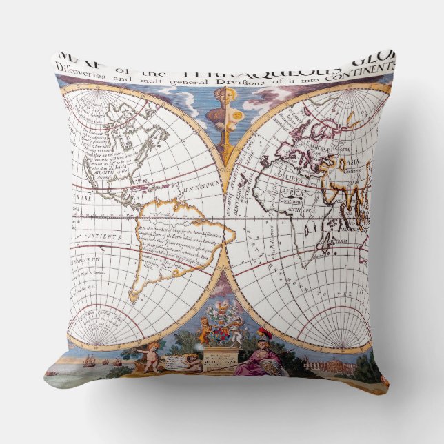 Eine neue Karte des Terraqueus Globe Throw Kissen (Vorderseite)
