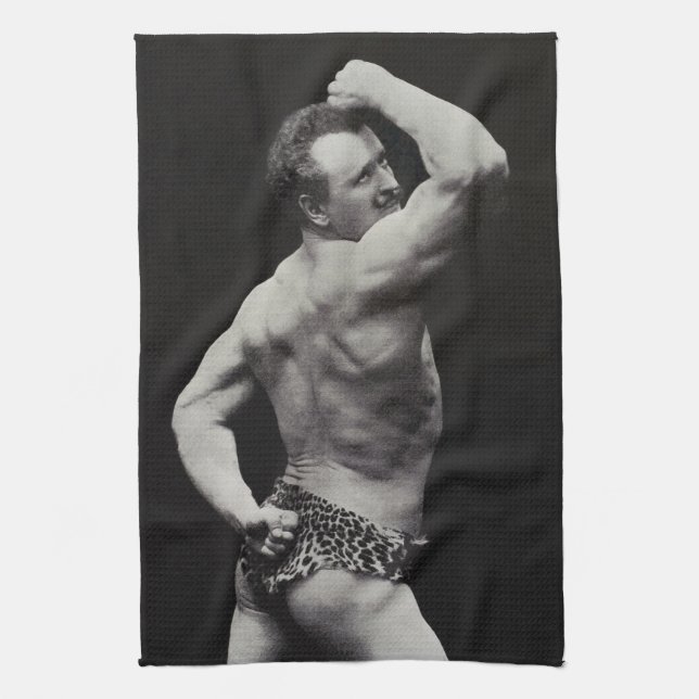 Eine neue Pose von StrongMen Eugen Sandow Bodybuil Geschirrtuch (Vertikal)