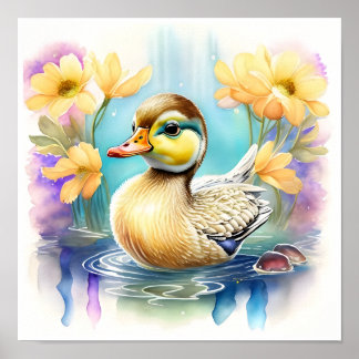 Eine Niedliche Babyente, die in einem Teich schwim Poster
