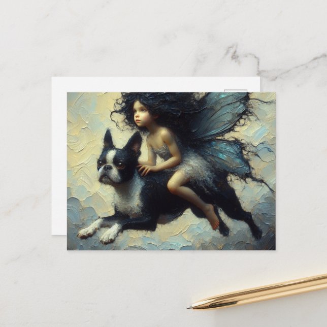 Eine Niedliche Fee und ihre Boston Terrier Postkarte (Vorderseite/Rückseite Beispiel)
