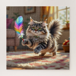 Eine Niedliche, flauschige Katze, die eine Feder j