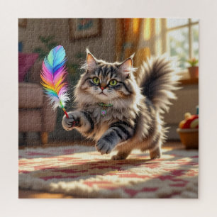 Eine Niedliche, flauschige Katze, die eine Feder j