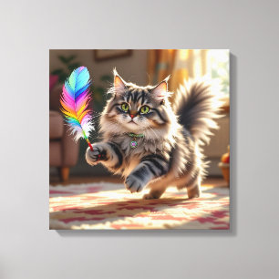 Eine Niedliche, flauschige Katze, die eine Feder j Leinwanddruck