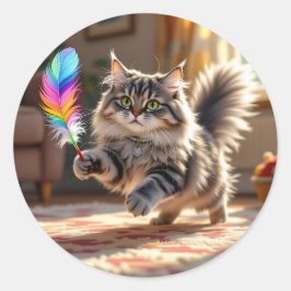 Eine Niedliche, flauschige Katze, die eine Feder j Runder Aufkleber