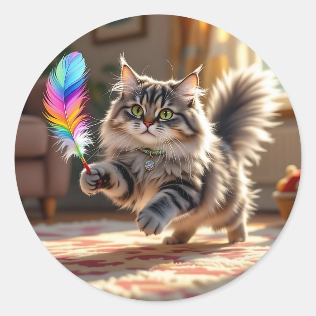 Eine Niedliche, flauschige Katze, die eine Feder j Runder Aufkleber (Vorderseite)