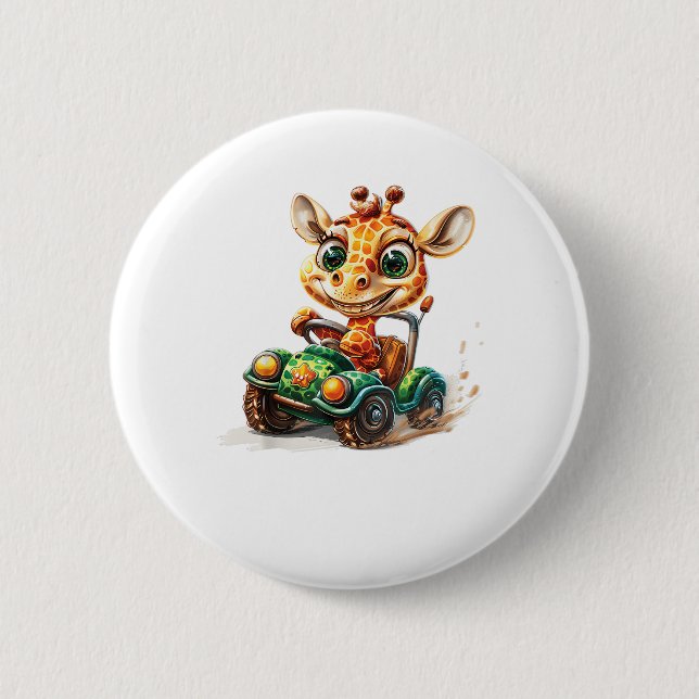 Eine Niedliche Giraffe, die ein Auto auf der Straß Button (Vorderseite)