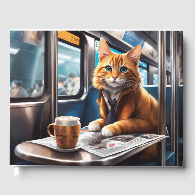 Eine niedliche Katze mit Kaffee und Zeitungsbücher Gästebuch (Vorderseite)