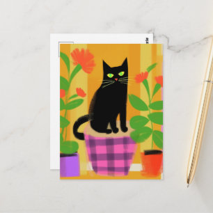 Eine niedliche schwarze Katze mit Pflanzen Postkarte