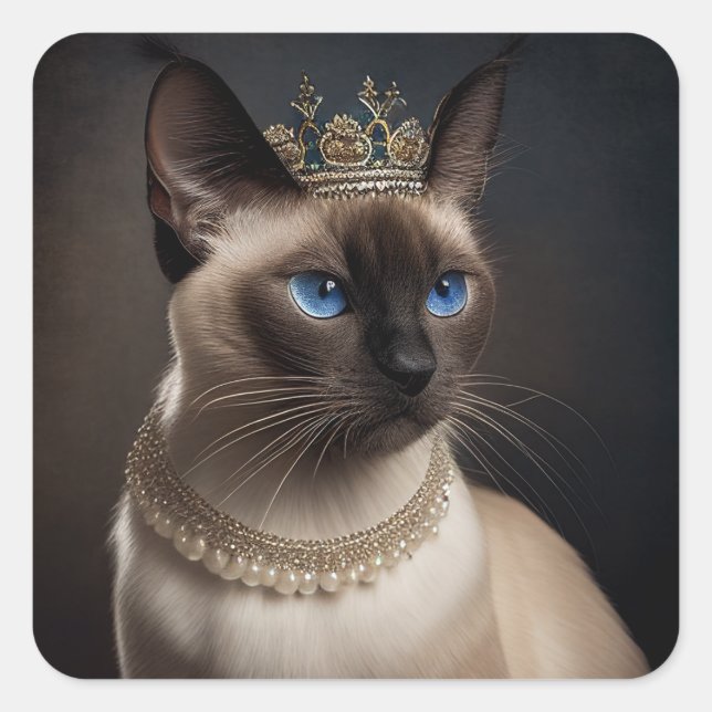Eine niedliche siamesische Katze mit Perlenkette u Quadratischer Aufkleber (Vorderseite)