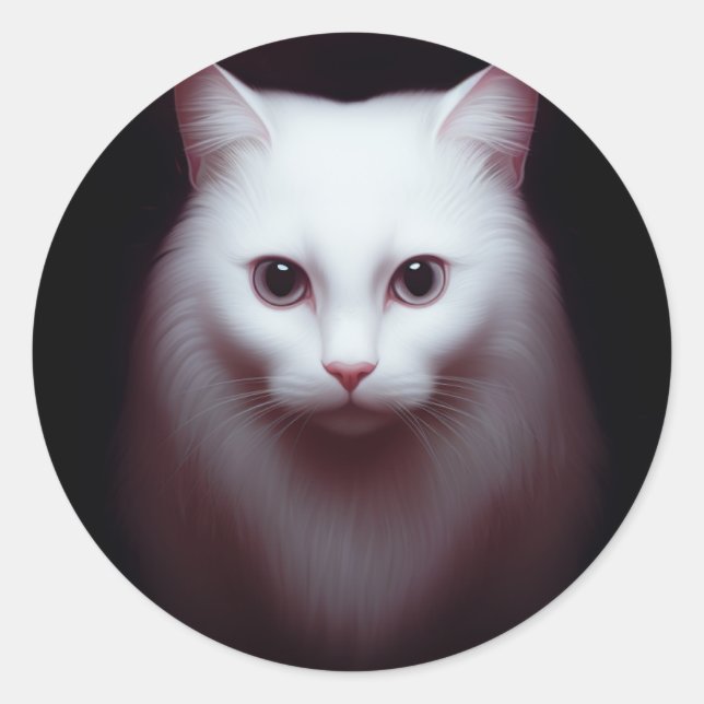 Eine Niedliche, weiße, flauschige Katze, digitale  Runder Aufkleber (Vorderseite)