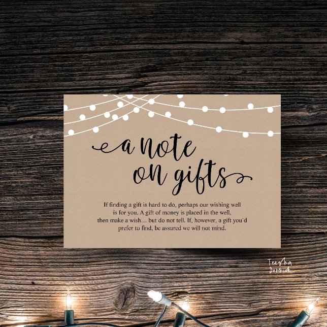 Eine Notiz Über Geschenke Rustikale Hochzeit Kraft Begleitkarte (A Note On Gifts, Rustic Wedding Enclosure Card brown Kraft String Lights Honeymoon Fund, Cash)