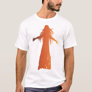 Eine orangefarbene Silhouette, eine Frau, die Haar T-Shirt