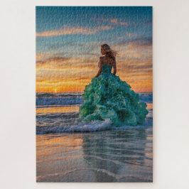 Eine Ozeansonnenlandschaft mit einer Frau im Surfe