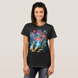 eine Person, die ein Telefon mit Wortverkauf auf d T-Shirt