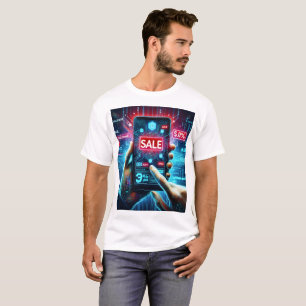 eine Person, die ein Telefon mit Wortverkauf auf d T-Shirt
