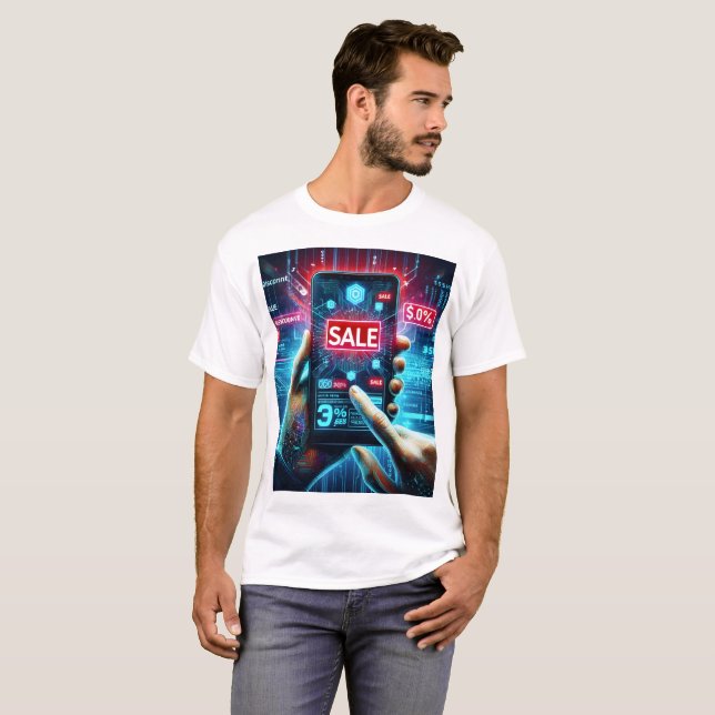eine Person, die ein Telefon mit Wortverkauf auf d T-Shirt (Vorne ganz)