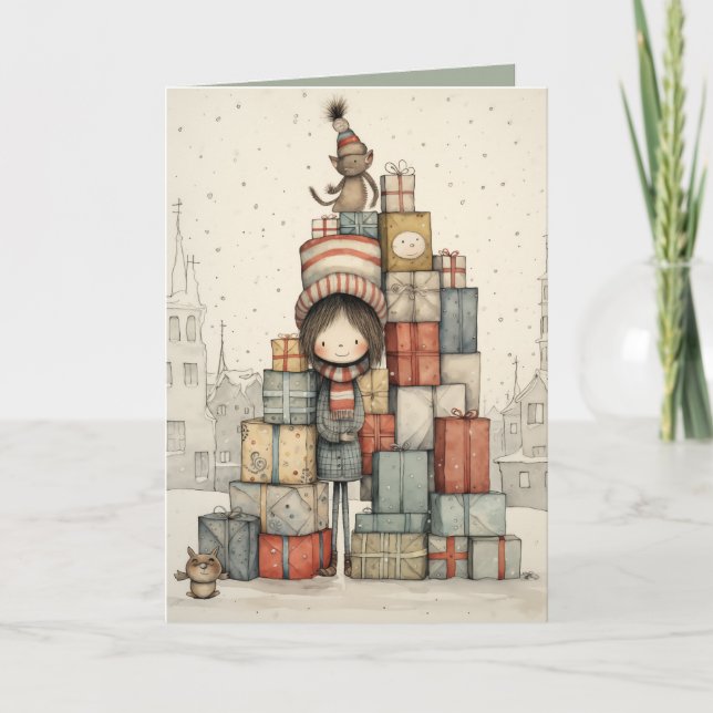 Eine Pile Weihnachtsgeschenke Illustration Karte (Vorderseite)