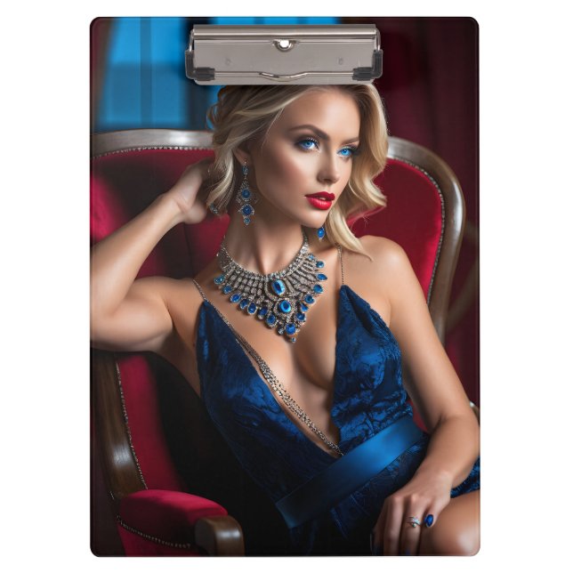 Eine Pose ist eine Frau, die ein Stück modelliert Klemmbrett (Vorderseite)