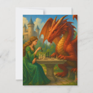 Eine Prinzessin, die Schach mit Drachenfantasiekun Mitteilungskarte