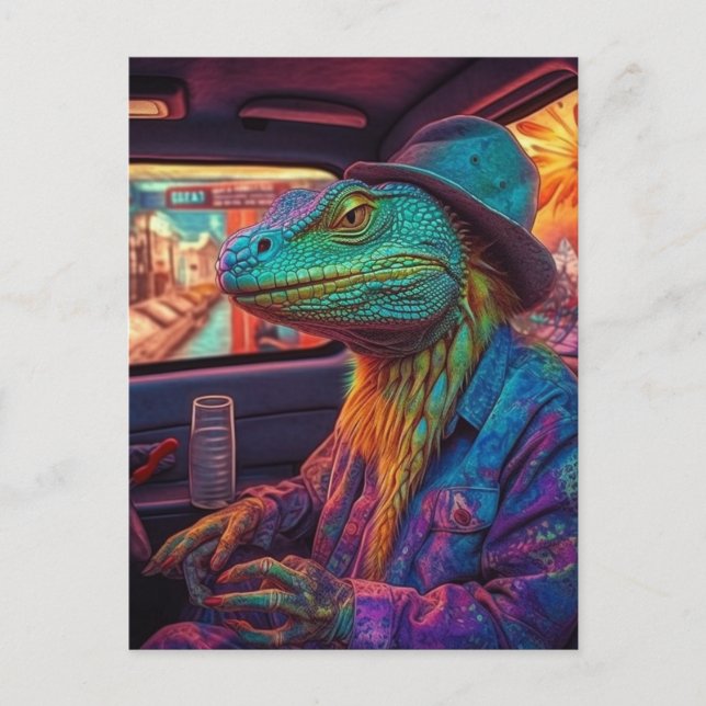 Eine psychedelische Eidechse in einem Fahrzeug Postkarte (Vorderseite)