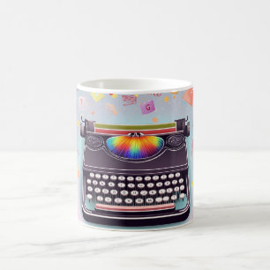 Eine Retro-Schreibmaschine in der Mitte, mit Farbe Kaffeetasse