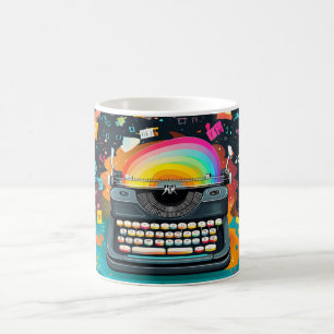 Eine Retro-Schreibmaschine in der Mitte, mit Farbe Kaffeetasse