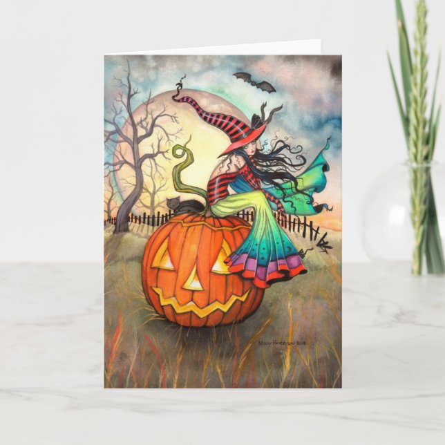 Eine Riesenkürbis-Hexe-Katzen-Halloween-Kunst Karte (Vorderseite)