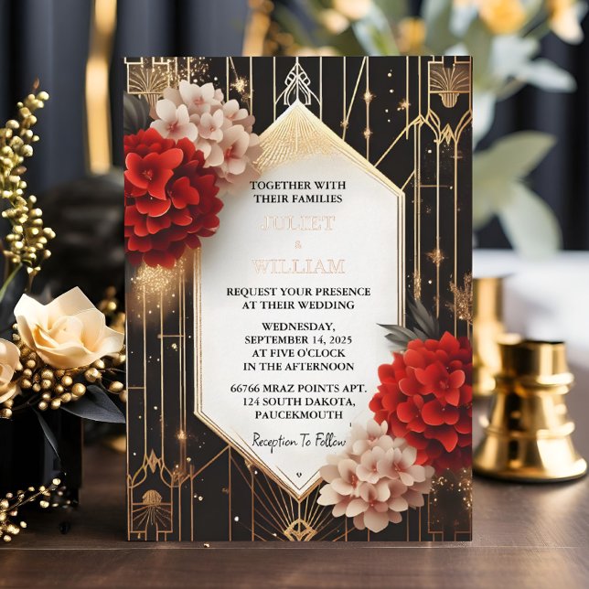 Eine Rose Garden Diamond Red Black and Gold Hochze Folieneinladung (Von Creator hochgeladen)