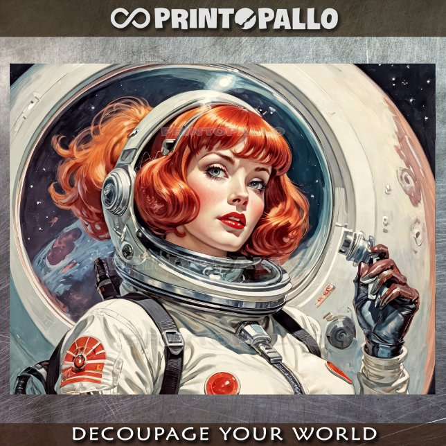 Eine rote Astronautin, die in den 1950ern zum Mond Seidenpapier (Von Creator hochgeladen)