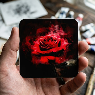 Eine rote Rose Aquarell auf schwarzem Hintergrund Quadratischer Aufkleber