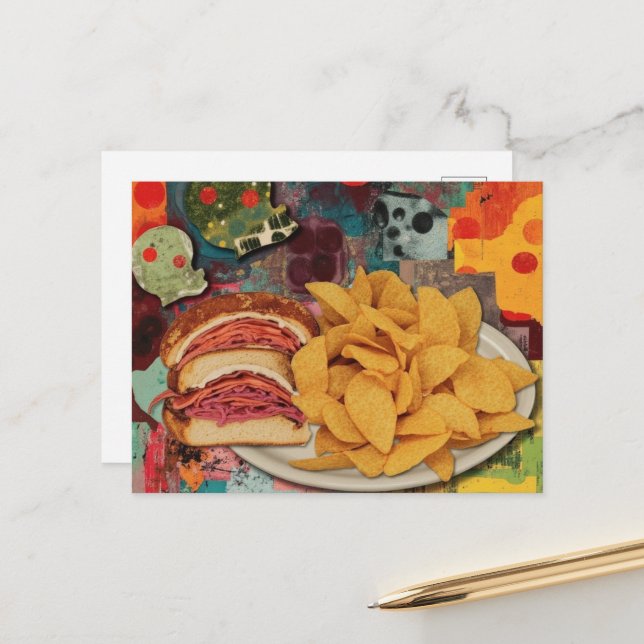Eine Sandwich- und Chips-Collage Postkarte (Vorderseite/Rückseite Beispiel)