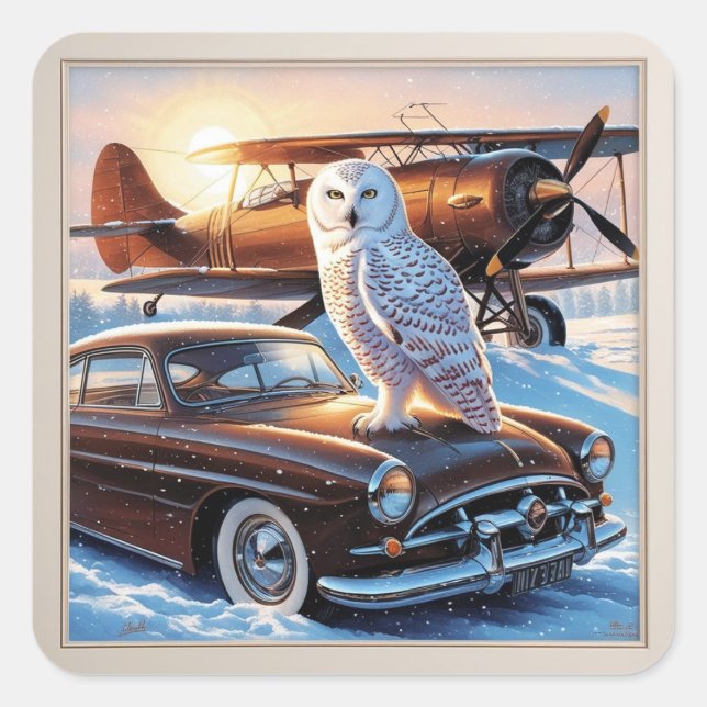 Eine Schneeeule, ein Flugzeug und ein Oldtimer Quadratischer Aufkleber (Vorderseite)