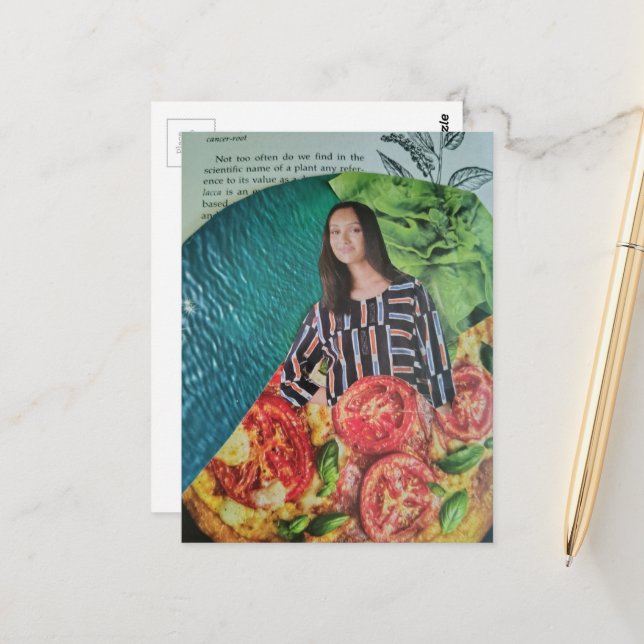 Eine schöne Dame mit Pizza-Collage Postkarte (Vorderseite/Rückseite Beispiel)