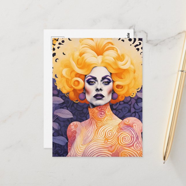 Eine schöne farbenfrohe Drag Queen Postkarte (Vorderseite/Rückseite Beispiel)
