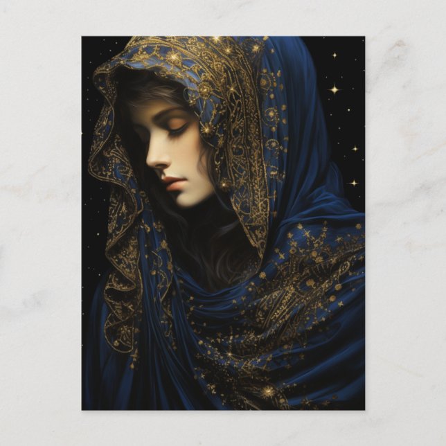 Eine schöne Frau in einem blauen und goldenen Gewa Postkarte (Vorderseite)