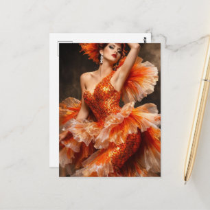Eine schöne Frau in einem Goldfisch-Kleid Postkarte