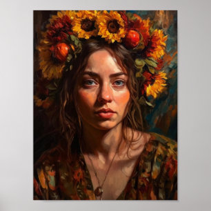 Eine schöne Frau mit Sonnenblumen auf ihrem Haar Poster