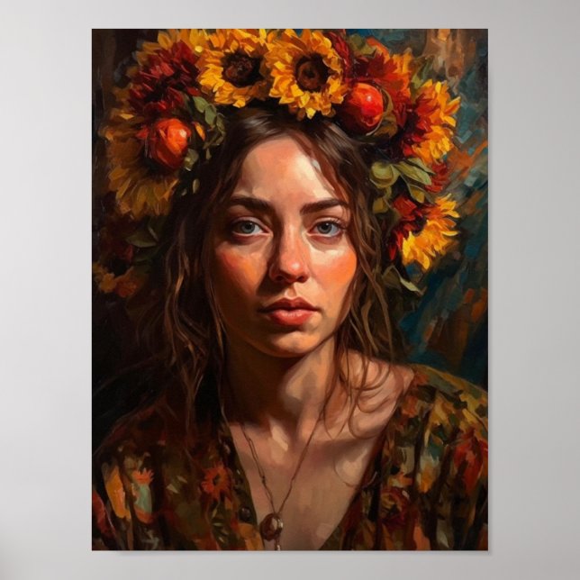 Eine schöne Frau mit Sonnenblumen auf ihrem Haar Poster (Vorne)