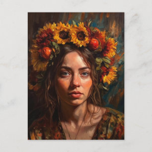 Eine schöne Frau mit Sonnenblumen auf ihrem Haar Postkarte