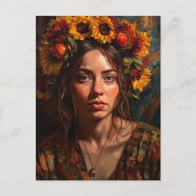 Eine schöne Frau mit Sonnenblumen auf ihrem Haar Postkarte (Vorderseite)